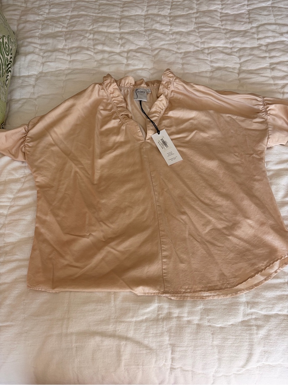 Finley Crosby Tan Silk-Blend Ruffle V-Neck Blouse